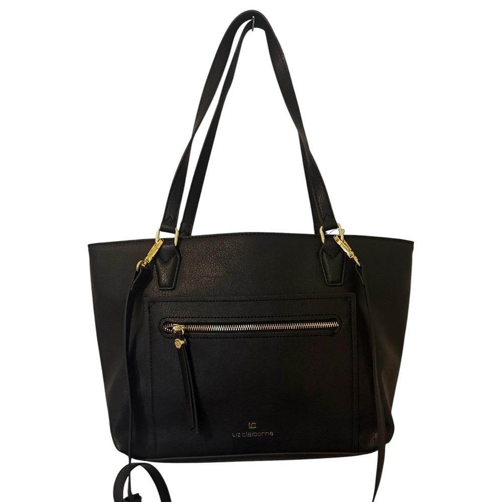 Liz Claiborne Womens Black Leather Inner Pocket Double Handle Tote Bag